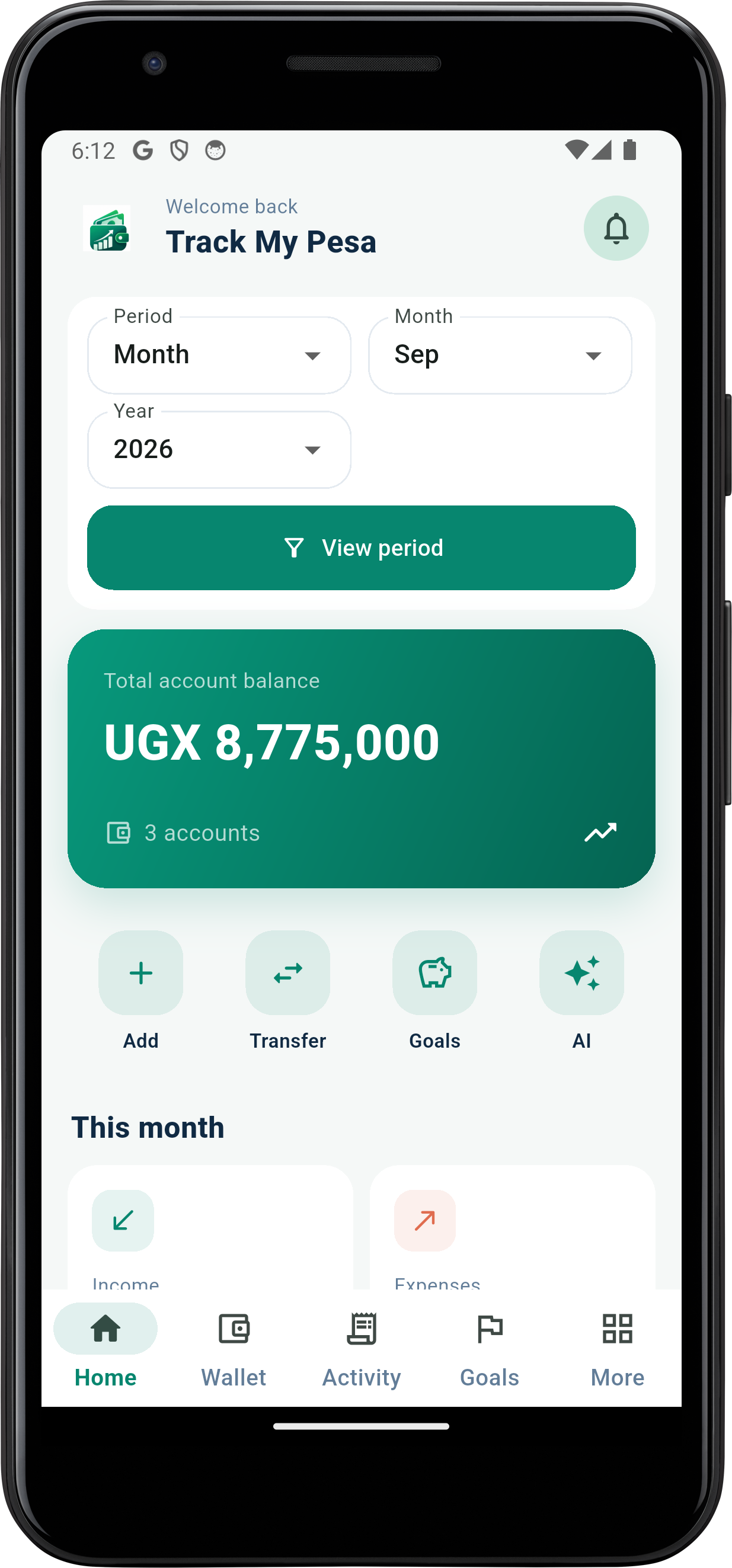 Track My Pesa Android mobile app dashboard